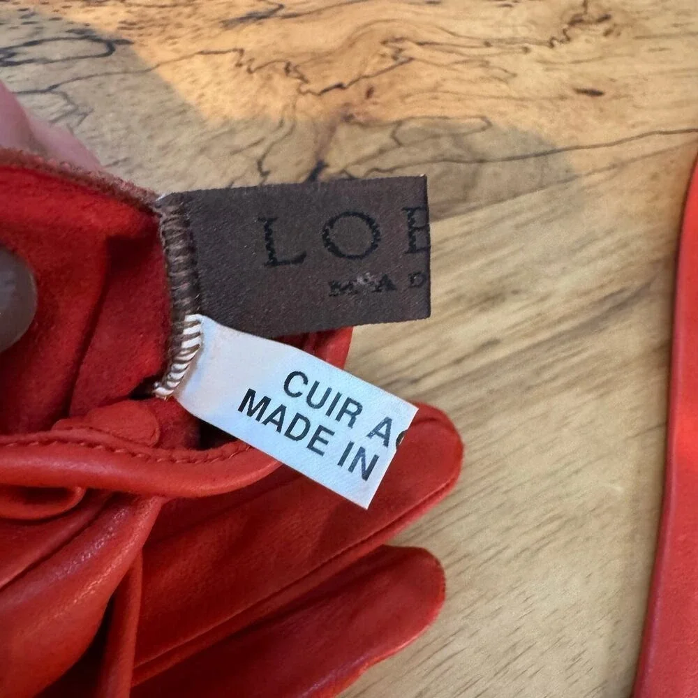 Loewe Vermillion Red Orange Sheepskin Leather Gloves Sz 6.5 Authentic CoA
